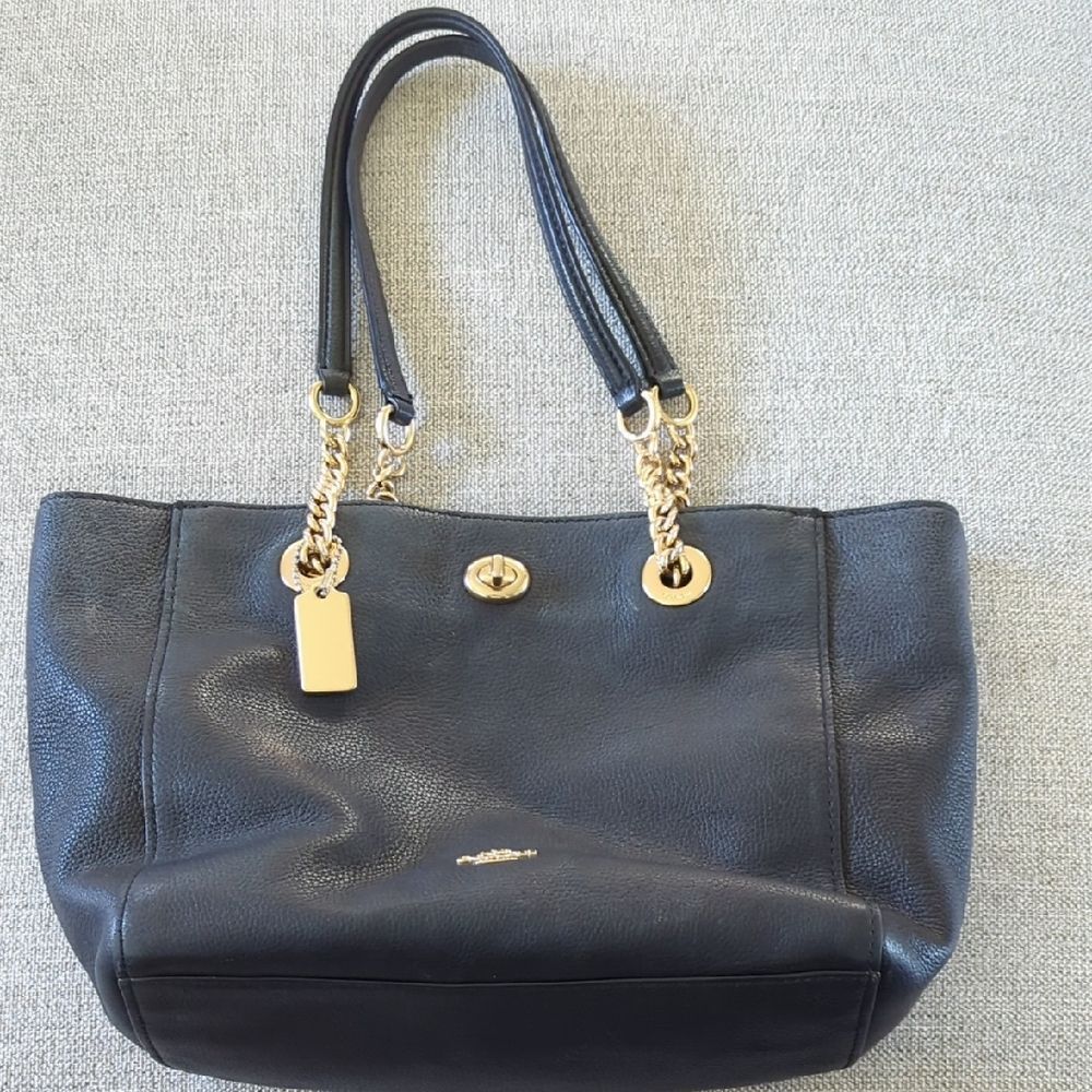 Coach Black Leather Tote with Gold Accents